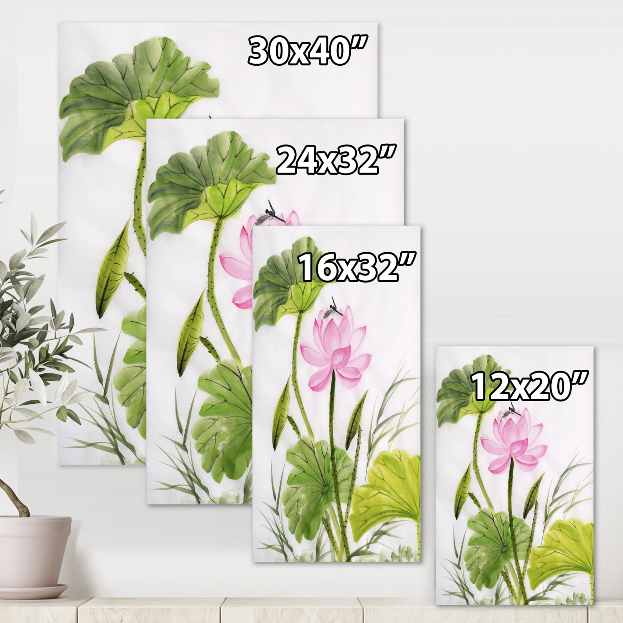 Designart ' Single Vintage Pink Lotus Flower With Green Leaves ' Traditional Canvas Wall Art Print