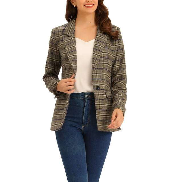INSPIRE CHIC Blazers pour Femmes Revers Cranté Manches Longues un Bouton Blazer à Carreaux L Bleu Brun