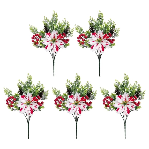 5 Heads Artificial Poinsettia Flowers, Christmas Fake Pine Berry Poinsettia Decoration, Fade-Resistant Red And White Poinsettia Floral Arrangement for Home Table Centerpiece