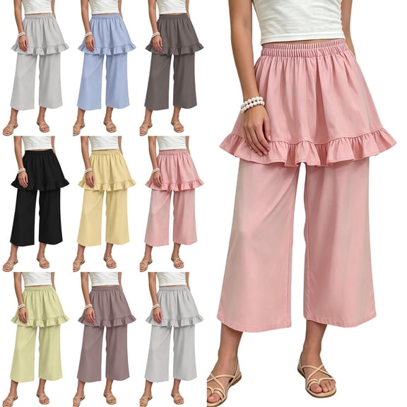 ITSAME Capris for Girls High Waist Loose Fit Flowy Ruffle Kids Fashion Casual Wide Leg Pants Pink Size 9