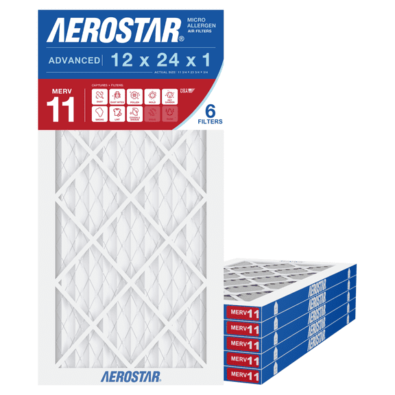 Aerostar 12x24x1 MERV 11 Air Filter, Pleated AC Furnace HVAC, Pet Dander Mold Smoke, 6 Pack