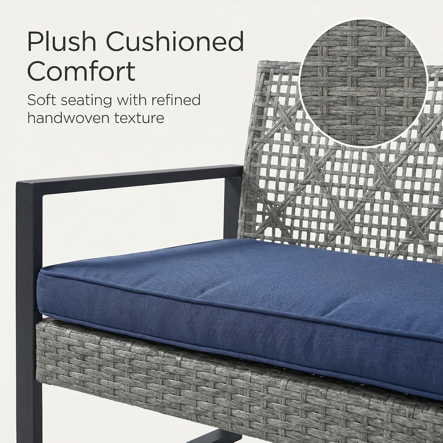 4-Piece Outdoor Patio Furniture Set, Acacia Wood Table Top, Light Gray Rattan with Blue Cushions