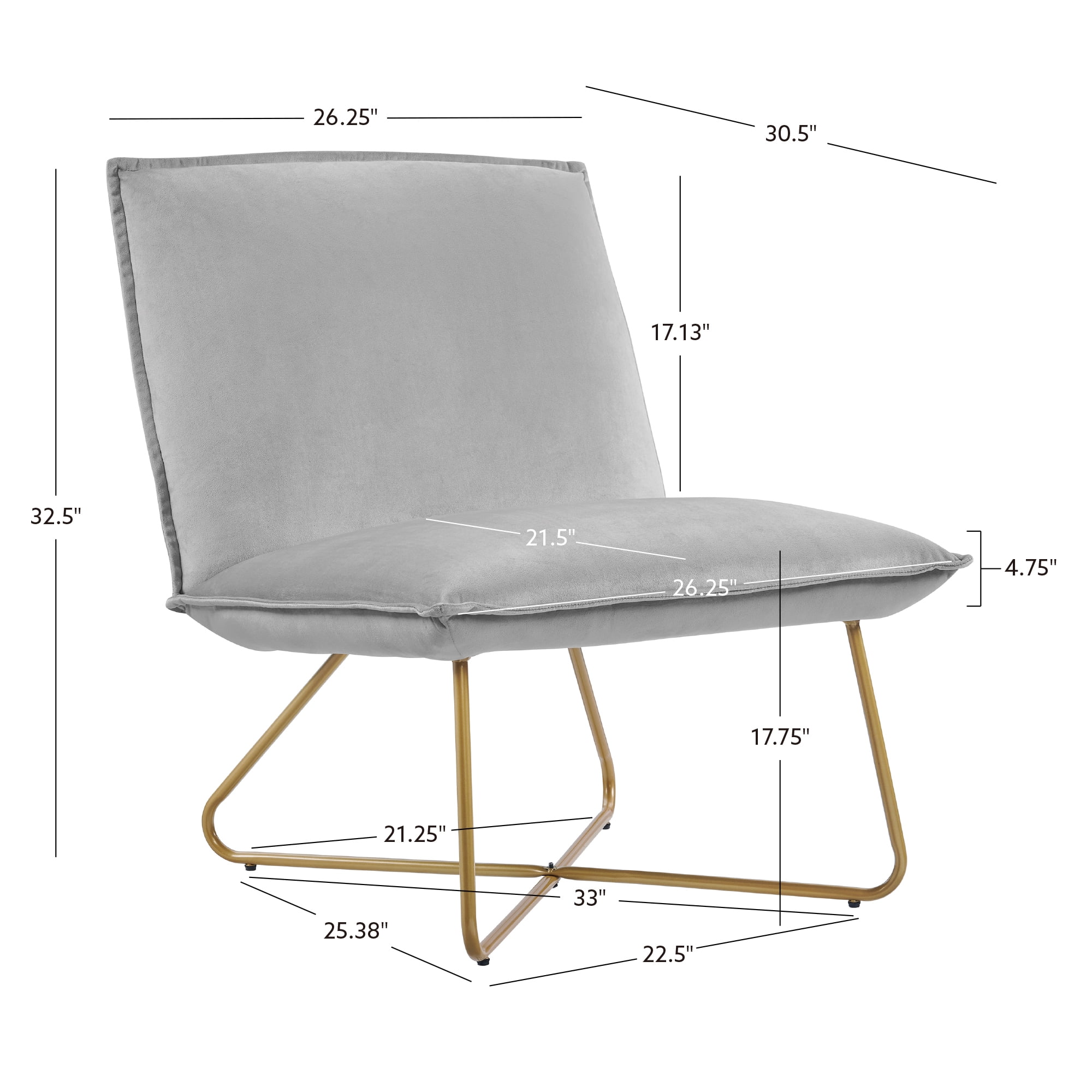 Linon Kinard Pillow Accent Chair with Gold Metal Legs, Gray Velvet