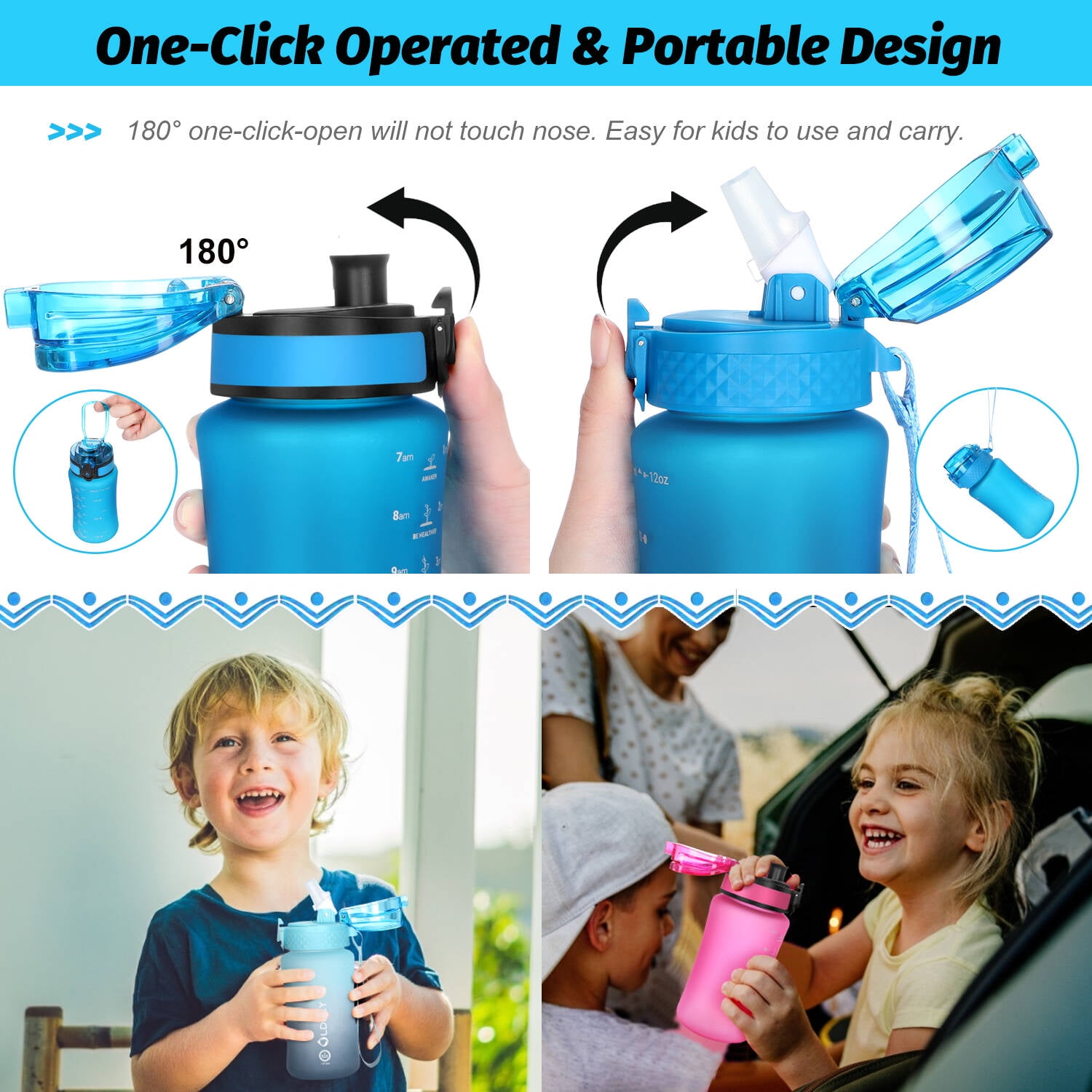 Oavqhlg3b Kids Water Bottle with Straw,15 oz BPA Free Child Water Bottles One-Click-Open Reusable Drinking Bottles for Boys Girls Kid School Sports