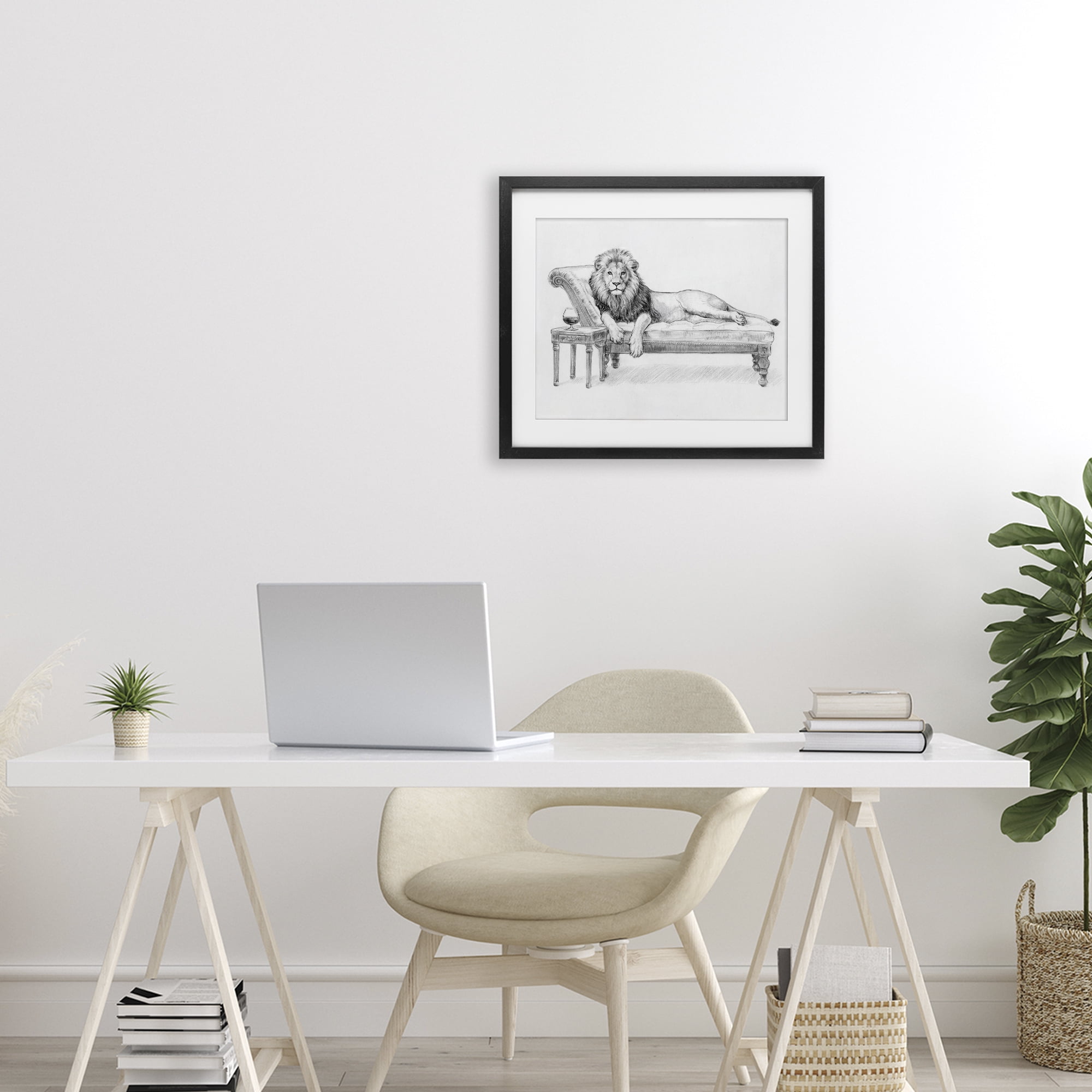 Stupell Industries Lounging Beast Lion Black Framed Print Under Glass, design by Victoria Barnes