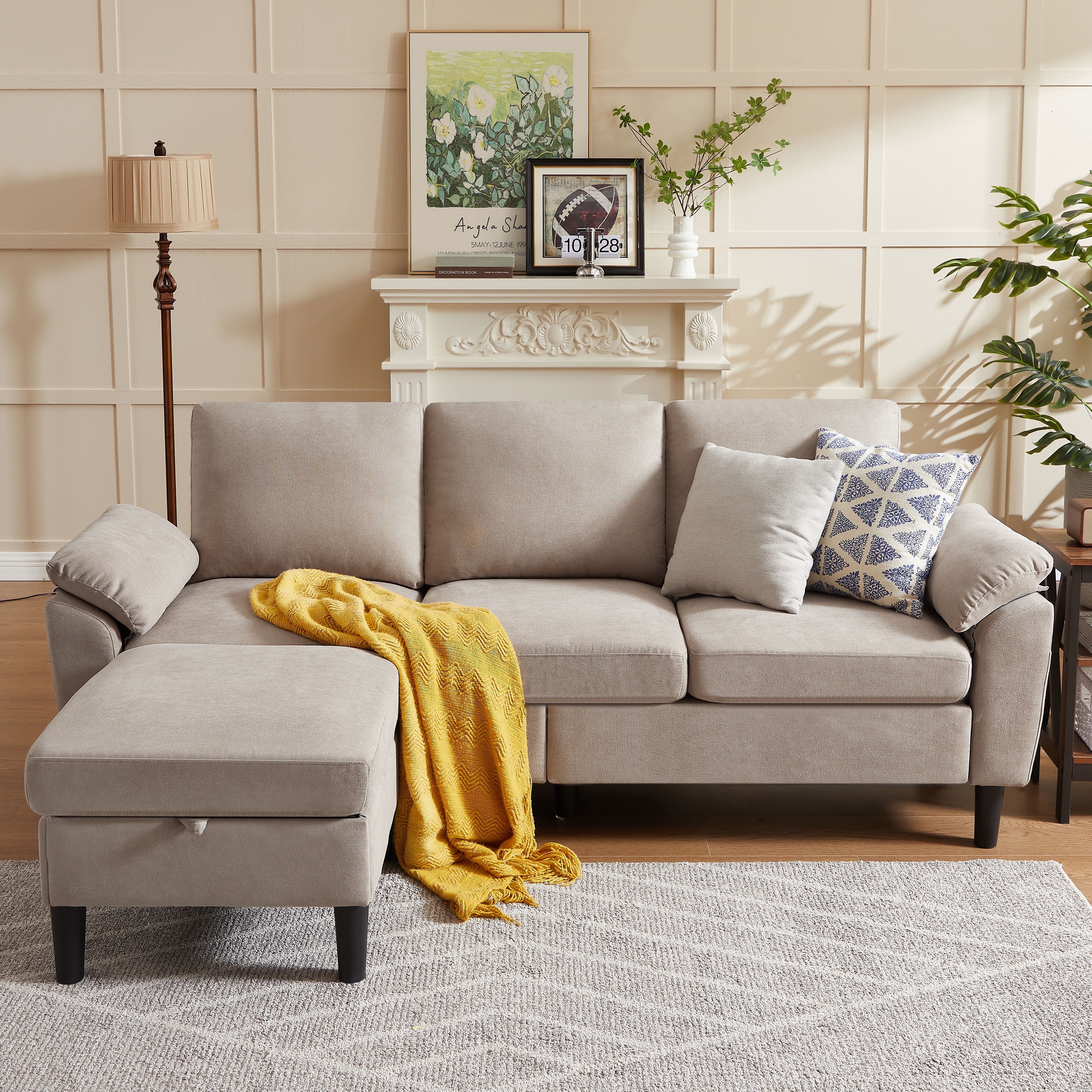 Jarenie 80" Convertible Sectional Sofa, Small L Shaped 3 Seat Couch with Reversible Storage Chaise, Modern Polyester Fabric Sofa Couches for Living Room, Apartment and Small Space, Beige