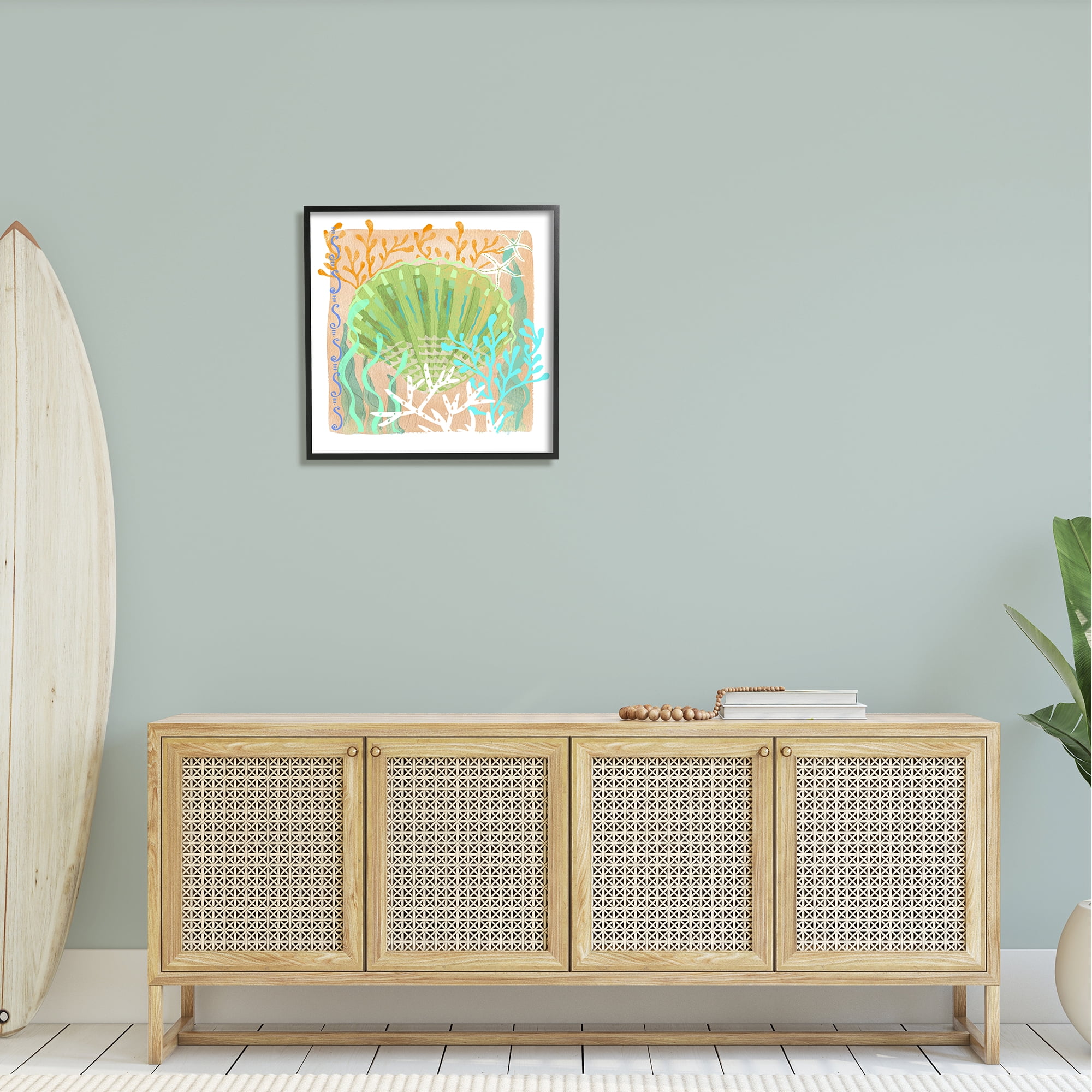 Stupell Industries Vivid Coral Overlay Beach Seashell Watercolor Pattern Graphic Art Black Framed Art Print Wall Art, Design by unknown