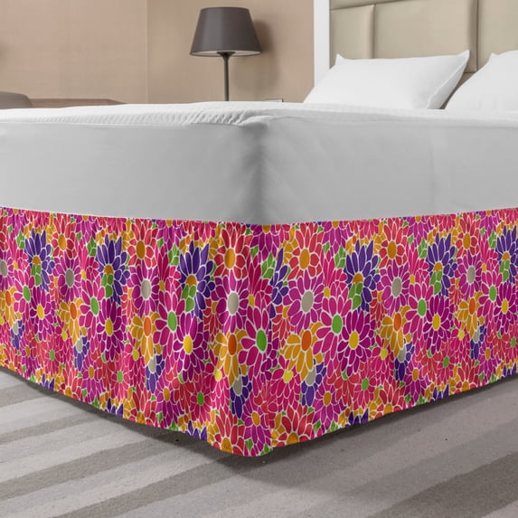 Floral Bed Skirt, Rhythmic 90's Style Simplistic Retro Flair Drawn Colorful Arrangement, Elastic Bedskirt Dust Ruffle Wrap Around for Bedding Decor, 4 Sizes, Hot Pink and Multicolor, by Ambesonne