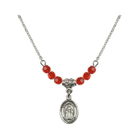 18-Inch Rhodium Plated Necklace with 4mm Red July Birth Month Stone Beads and Saint Sophia Charm