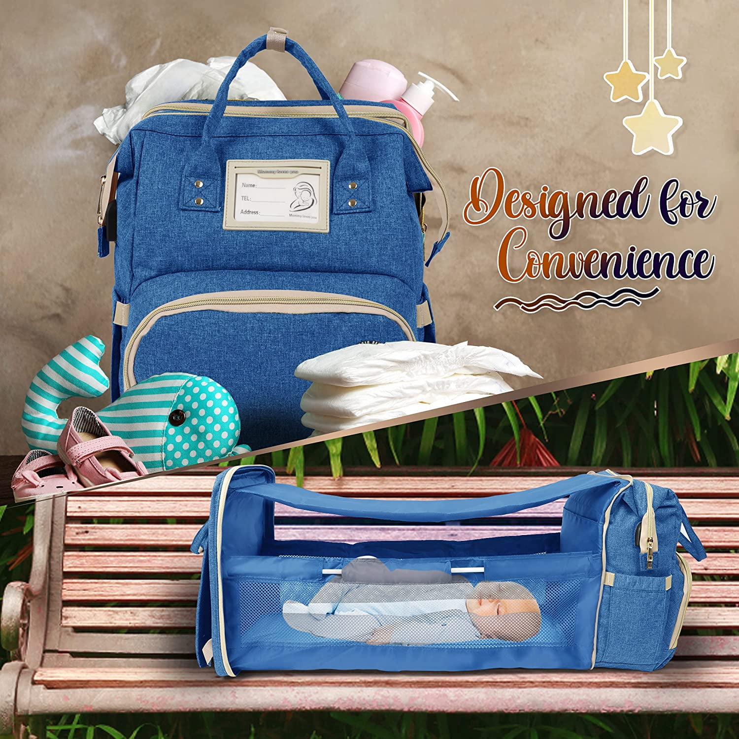 Baby Diaper Bag with Changing Station – Diaper Bag Backpack and USB Port, Insulated Bottle Bag, Mosquito Net, Sunshade – Comfortable and Stylish with Practical Stroller Hooks (Blue)