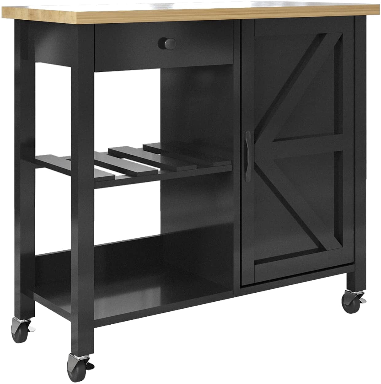Catrimown Farmhouse Kitchen Cart with Storage, Rolling Kitchen Cart on Wheels, Microwave Stand Coffee Cart, Black