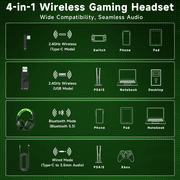 Wireless Gaming Headset 2.4GHz for PS5/PS4/PC/Switch,Bluetooth 5.3 Headphones with Noise-Canceling Mic, 7.1 Surround Sound, 70H Battery Life, RGB Lights, Foldable, Portable-Black&Green