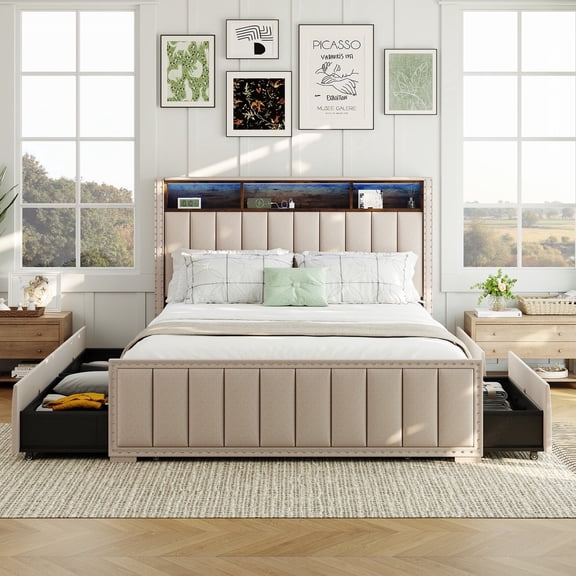 EDX Full Bed Frame with 4 Storage Drawers, Upholstered Platform Bed Frame with Headboard & USB Charging Ports, LED Lights and Electricity, for Household, Bedroom