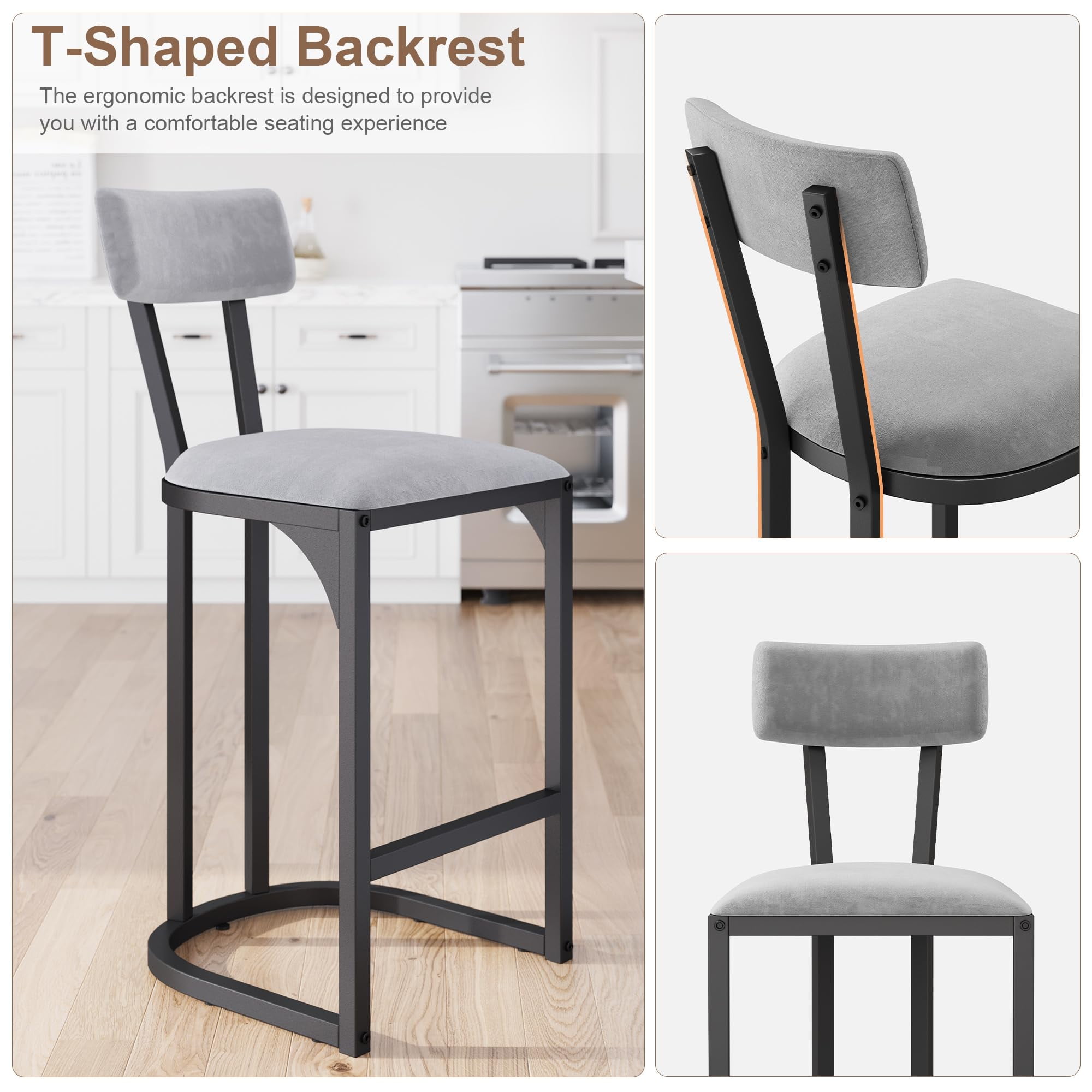 Juiluna Bar Stools Set of 2, Counter Height Bar Stools, Curved Back with Metal Frame Island Chairs with Upholstered Modern Tall Barstools Counter Stools for Kitchen Dining Room (Gray)