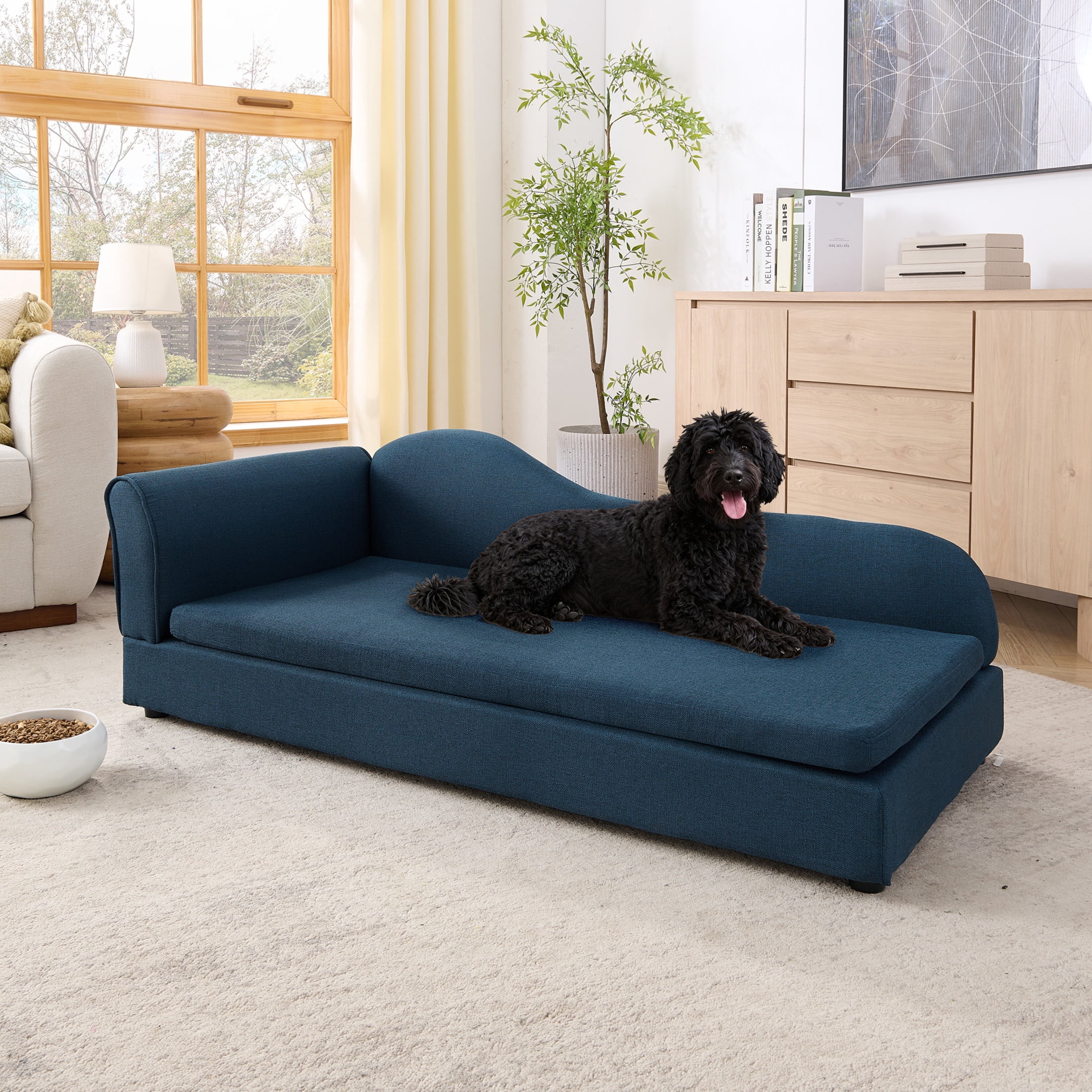 Noble House 55" Linen Upholstered Oversized Pet Sofa, Irregular Wave Backrest Dog Bed with Single Armrest, Dark Blue