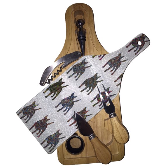 KuzmarK Wine & Cheese Glass Cutting Board Wood Box Gift Set - Bull Terrier Dog