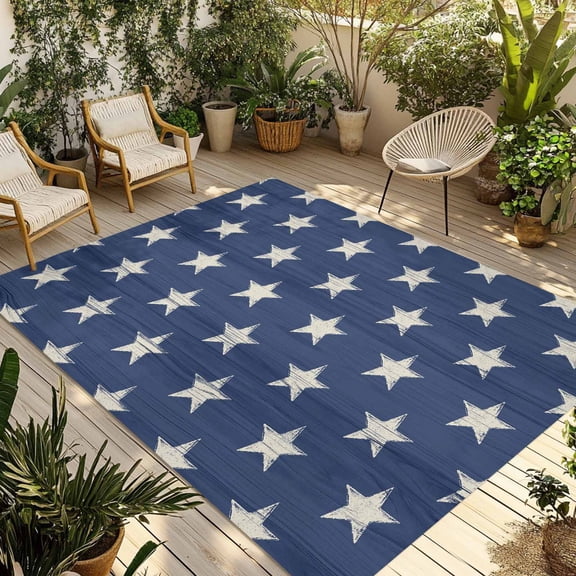 4th of July Outdoor Rug 5x7 Ft - Reversible Patio Rug Outdoor Camping Rugs, Vintage Independence Day Blue Star Washable Indoor Outdoor Area Rugs, Non-Slip Outdoor Carpet Runner for Deck/Porch