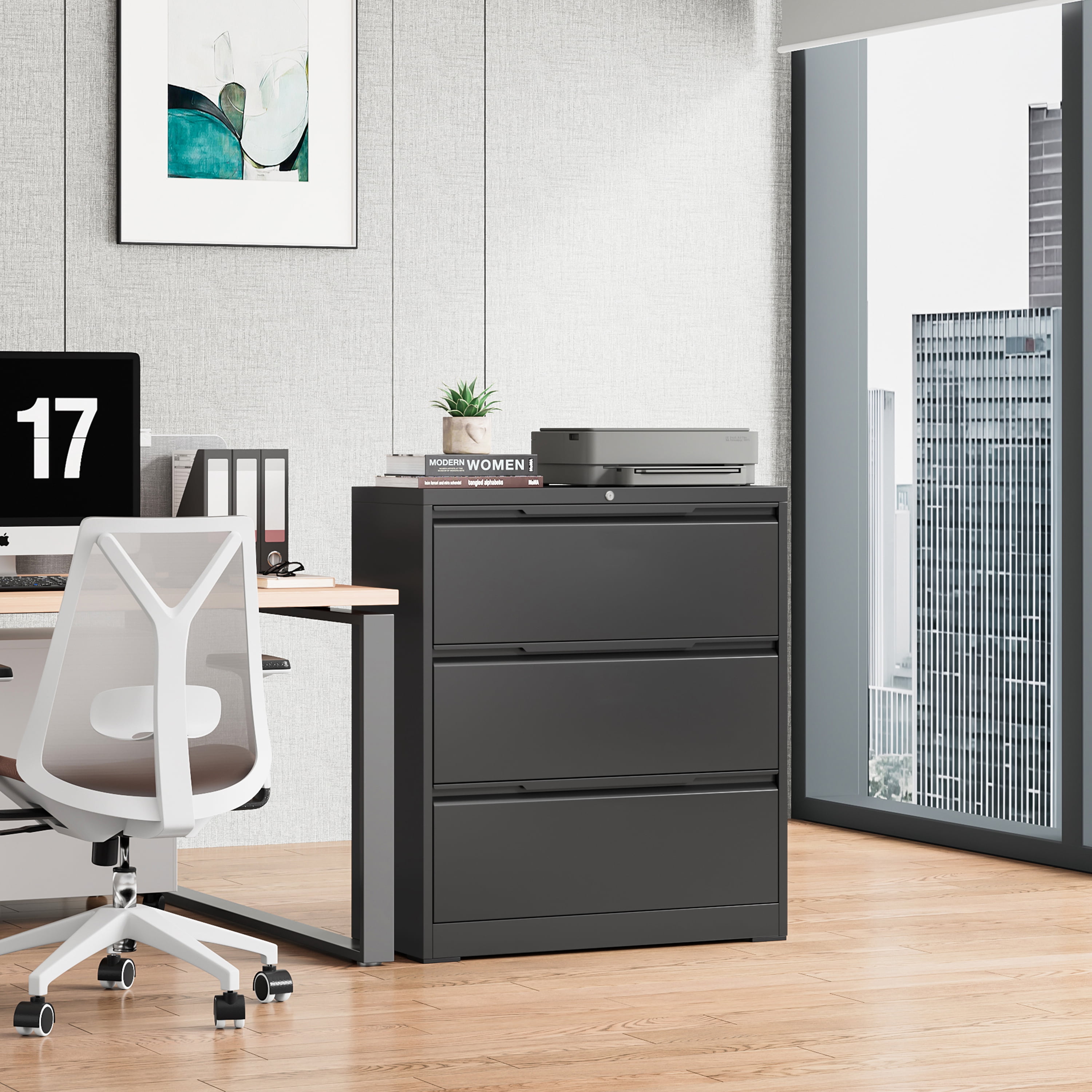 Lateral File Cabinet with Lock, 3 Drawer Lateral Filing Cabinet for Office Home, Locking Metal Steel Wide File Cabinet for Hanging Files Letter/Legal/F4/A4 Size, Easy Assemble Black