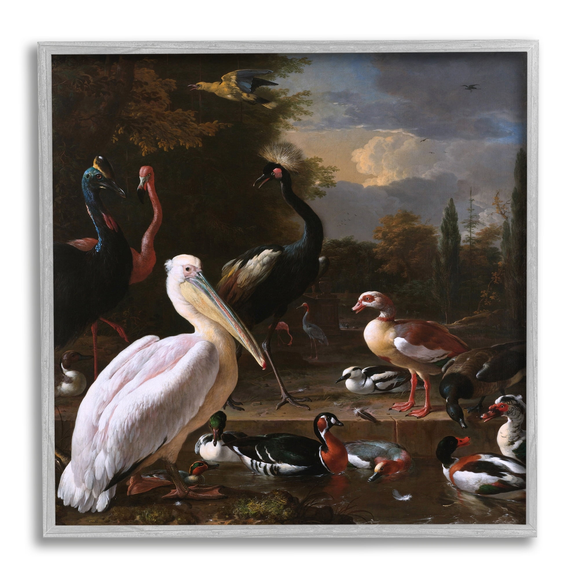 Stupell Industries Pelican and Other Birds Melchior d'Hondecoeter Painting Painting Gray Framed Art Print Wall Art, Design by one1000paintings