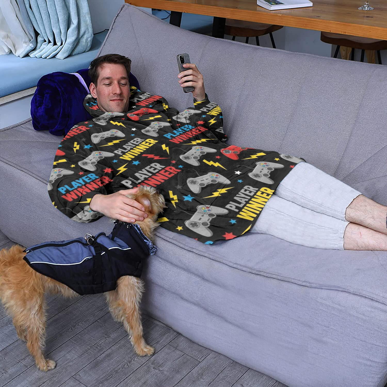 Wearable Oversized Blanket,Multicolor Controllers Games Text Black Pattern Wearable Blanket Hoodie for Adults,Cozy Hooded Blankets with Super Pockets,Super Warm Fuzzy Pullover for Women & Men