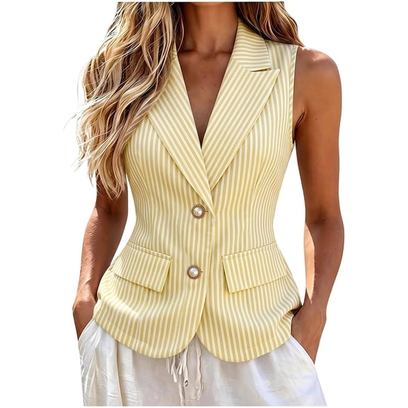 Smupbvky Womens Striped Vests Notched Lapel 2 Pearl Button up Sleeveless Tops Dressy Casual Waistcoat Slim Fit (XL, Yellow)