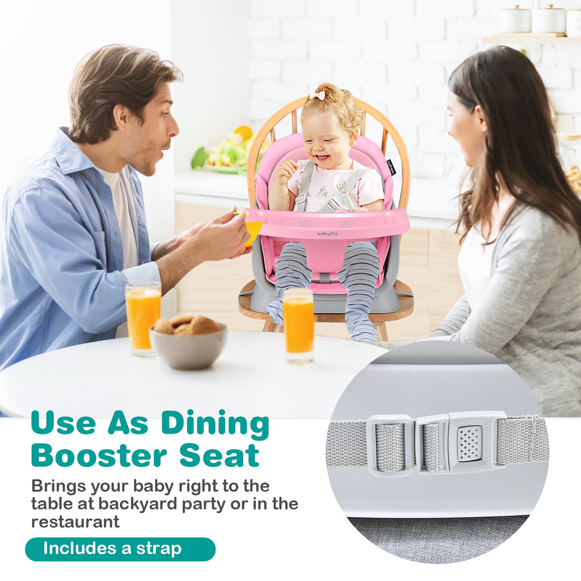 Costway 8-in-1 Baby High Chair Convertible Dining Booster Seat w/ Removable Tray Pink