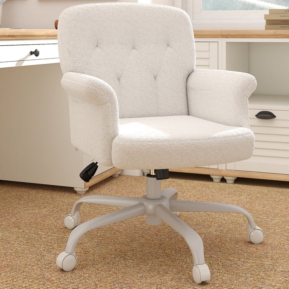 Comfy Home Office Desk Chair, Upholstered Fuzzy Vanity Chair with Wheels and Arms, Adjustable Height 360° Swivel Computer Seat for Living Room, Bedroom, Makeup, Teddy Fleece,White