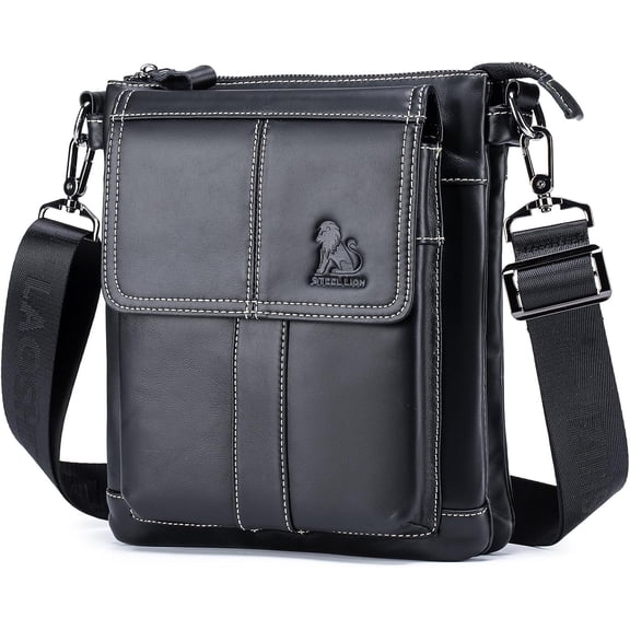 STEELLION Men's Genuine Leather Crossbody Messenger Bag, Black