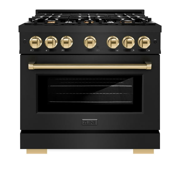ZLINE Autograph Edition 36 in. 5.2 cu. ft. Gas Range with 6 Burner Cooktop and Convection Gas Oven in Black Stainless Steel and Polished Gold Accents (HGRBZ-36-G)