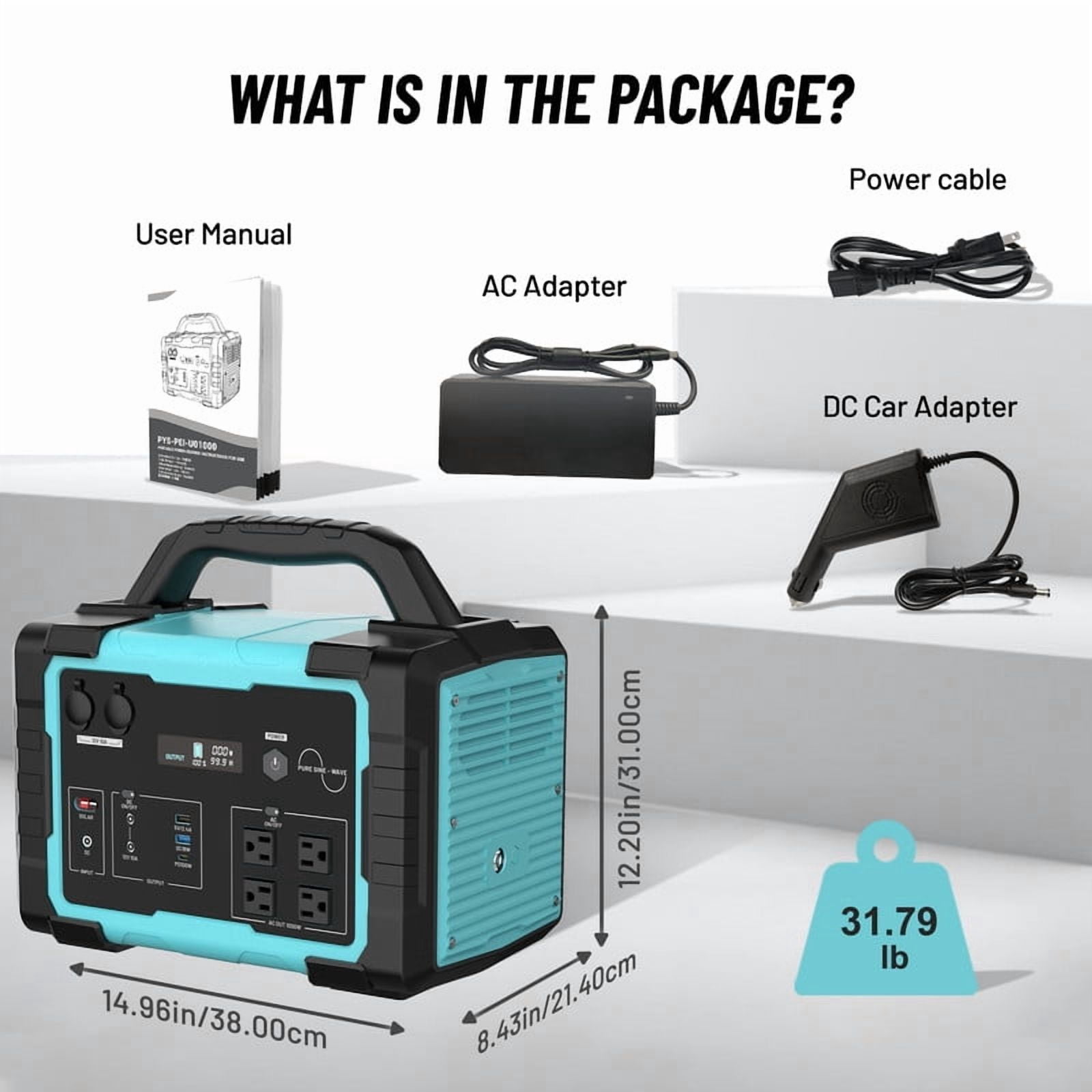 1000W Portable Solar Generator, 1024Wh LiFePO4 Battery Power Station with 120V AC Outlets, Backup Power Supply for Camping, Outdoor Travel, RV, and Home Emergency - Blue