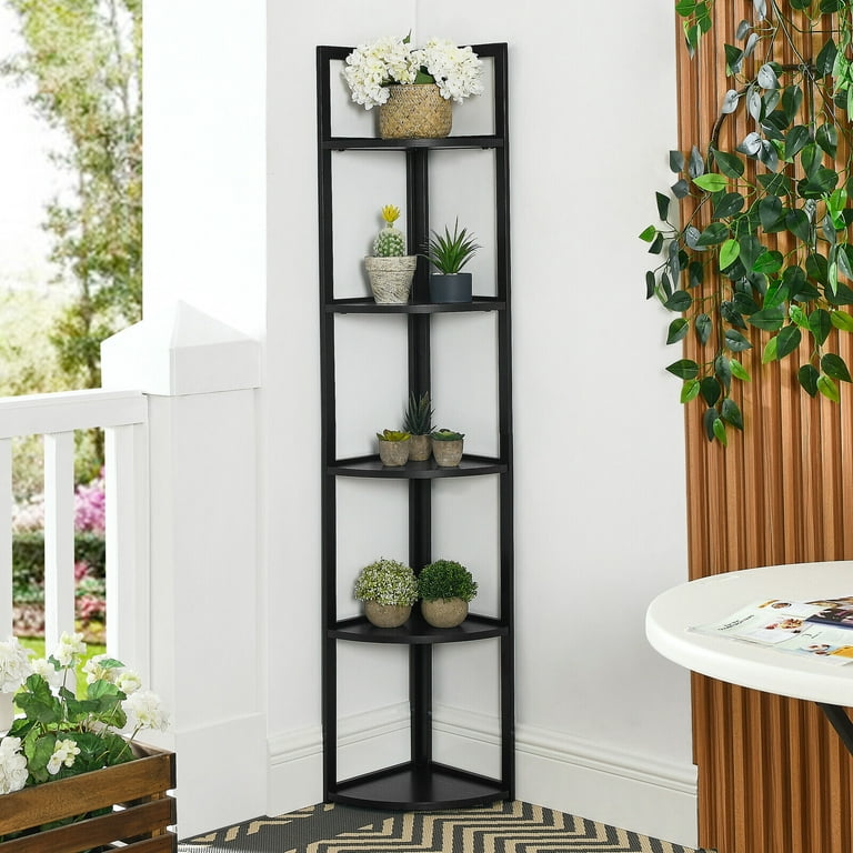 Seventable Corner Shelf with Drawer, 5-Tier Corner Bookshelf, Freestanding  Corner Shelf Unit, Black Corner Bookcase, Corner Plant Stand for Living