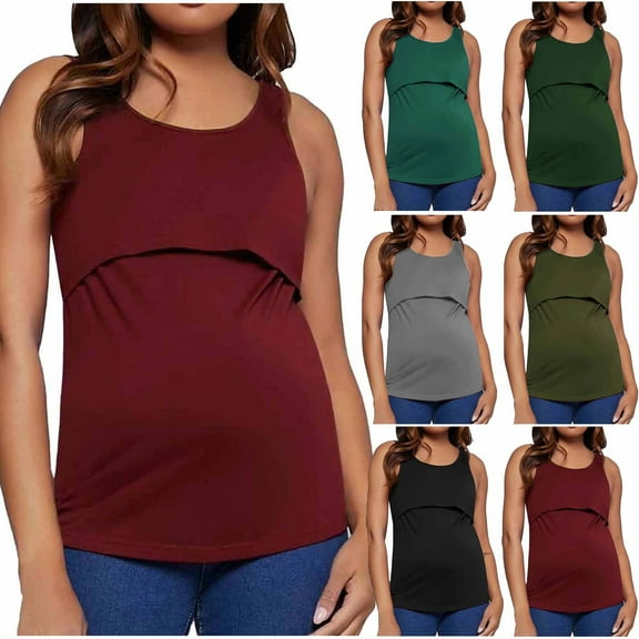 Abtuhar Maternity Summer Tops for Women,Pregnancy Maternity Shirts Blouse,Pregnancy Undershirts for Women Nursing Solid Casual Round Neck Sleeveless Tank Top,Wine,M