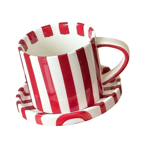 5Inch Elegant Striped Ceramic Coffee Mugs and Saucer Set Feature Comfortable Grip and Multifunctional Dish for Home Use