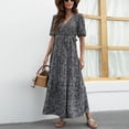thumbnail image 5 of Softmallow Women Waist Dresses Summer Beach Boho Floral Print Swing Maxi Dress V Neck Short Sleeve A Line Dress with Belt Black M, 5 of 6