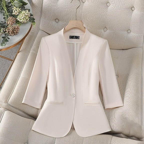 Cxenplz Women's 3/4 Sleeve Blazer 2025 Summer Lightweight Fully-Lined Lapel Button Casual Work Jacket Pockets