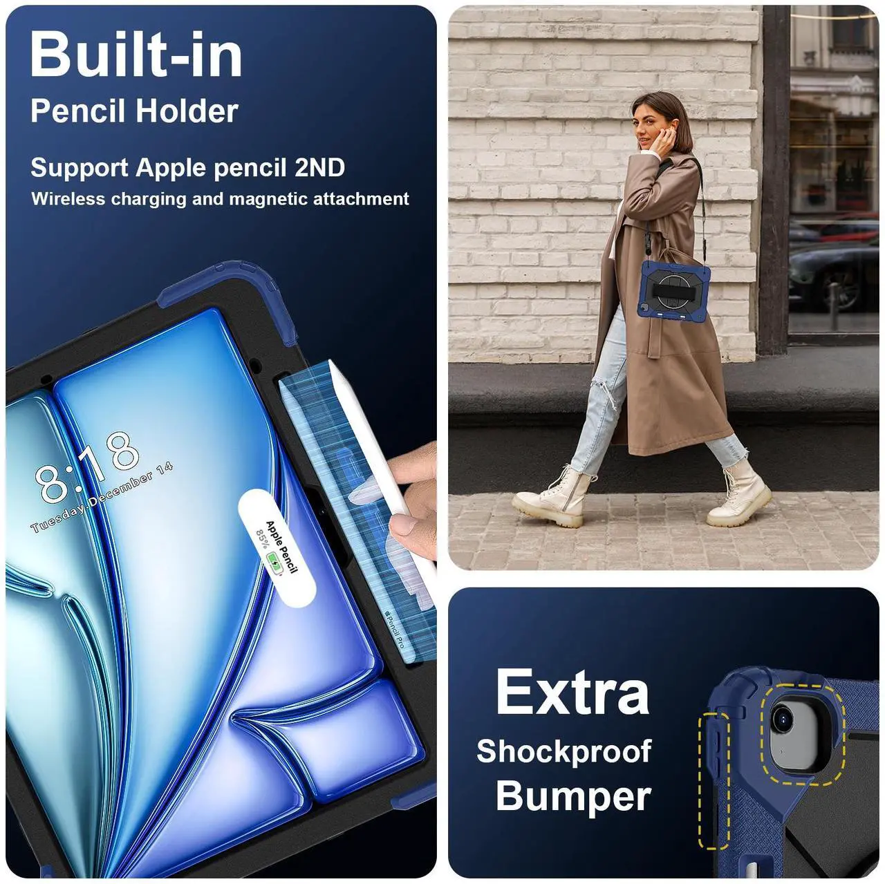 Case for iPad Air 13 Inch M3/M2 2025/2024 with Rotating Stand Pencil Holder Hand/Shoulder Strap, Heavy Duty Shockproof Protective Cover
