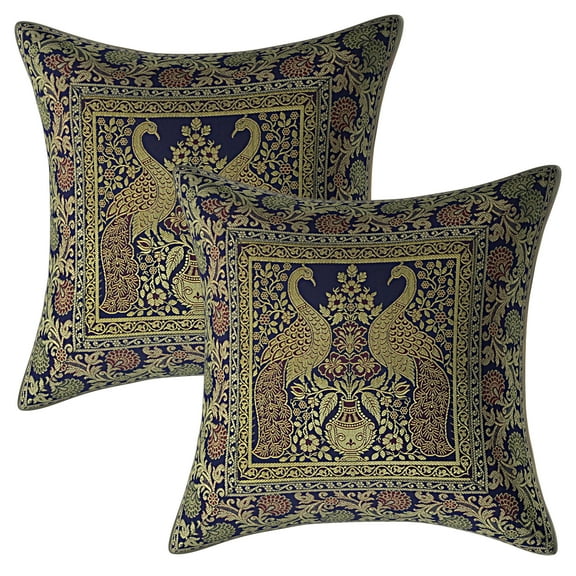 Stylo Culture Indian Decorative Sofa Brocade Navy Blue And Gold Throw Pillow Covers 16x16 Jacquard Weave Banarasi Pillow Covers For Throw Pillows Peacock Floral 40x40 cm Cushion Covers (Set Of 2)