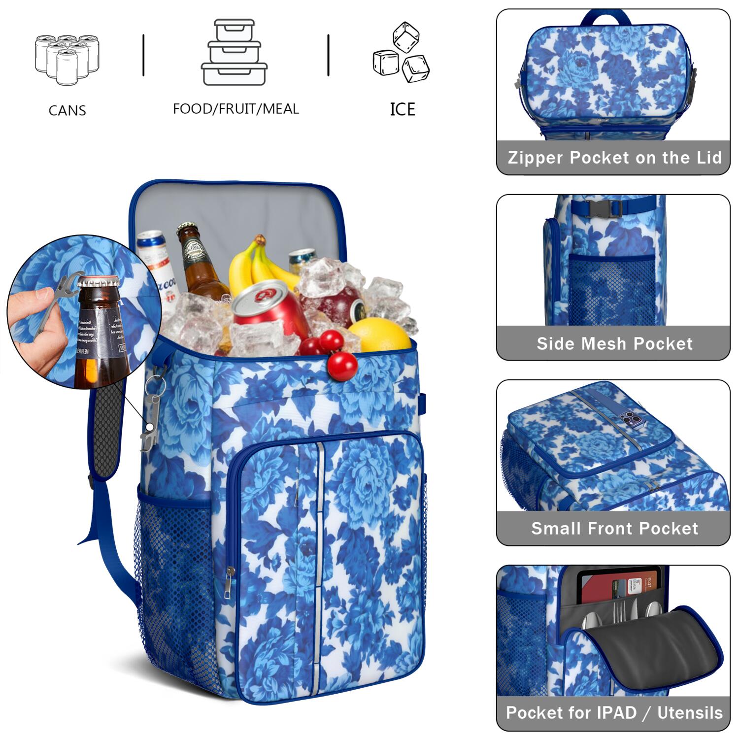 Travel Cooler Bag - Pioneer Flower Floral Print Pattern Camping Beer Cooler Backpack with Bottle Opener- Waterproof Insulated Picnic Backpacks - Cooler Bag for Beach