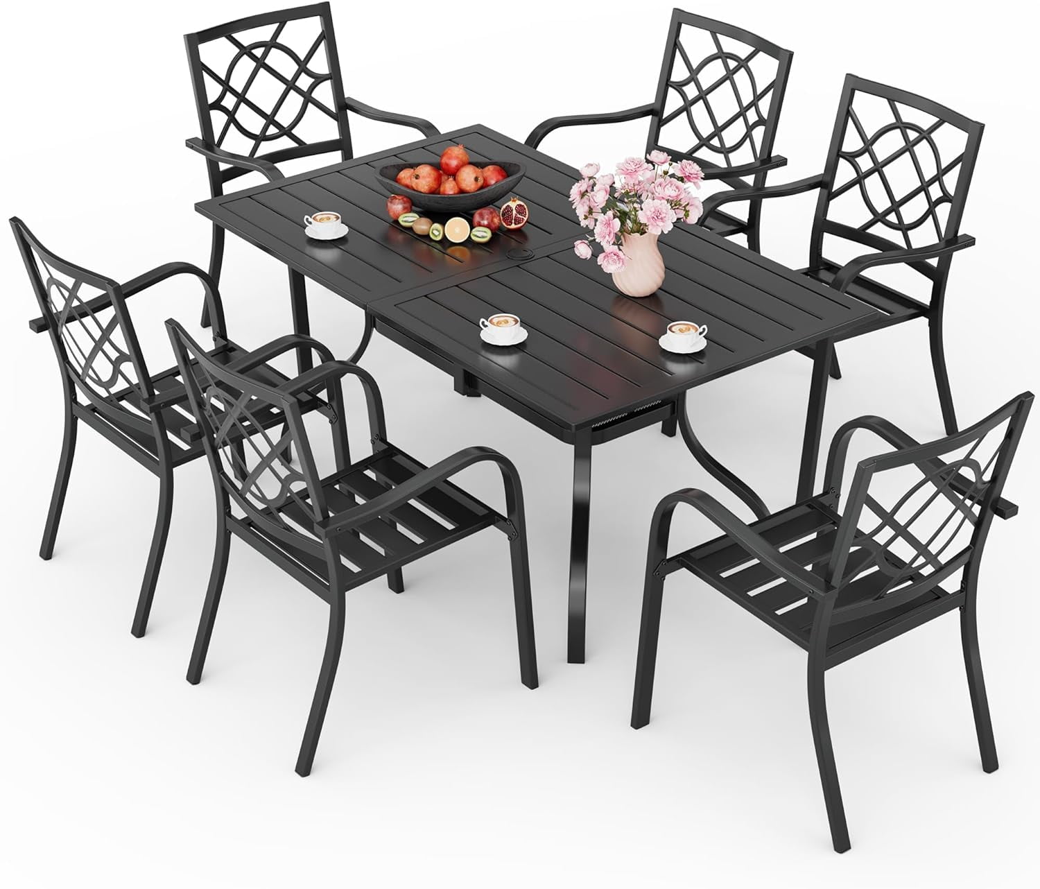 SOLAURA 7 Piece Outdoor Patio Dining Set, Metal Furniture Set Rectangular Dining Table with Umbrella Holes & 6 Stackable Backyard Garden Chairs