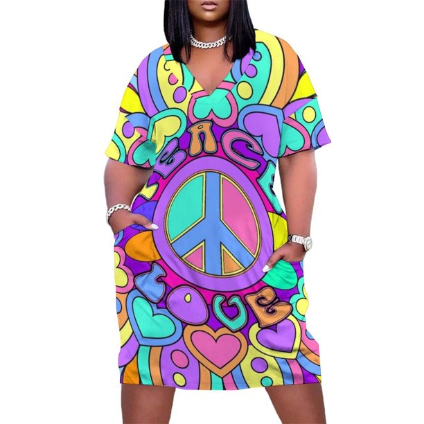 Vestido holgado con bolsillos y diseño de mandala hippie psicodélico de Paz y Amor para mujer, ropa elegante para mujer.