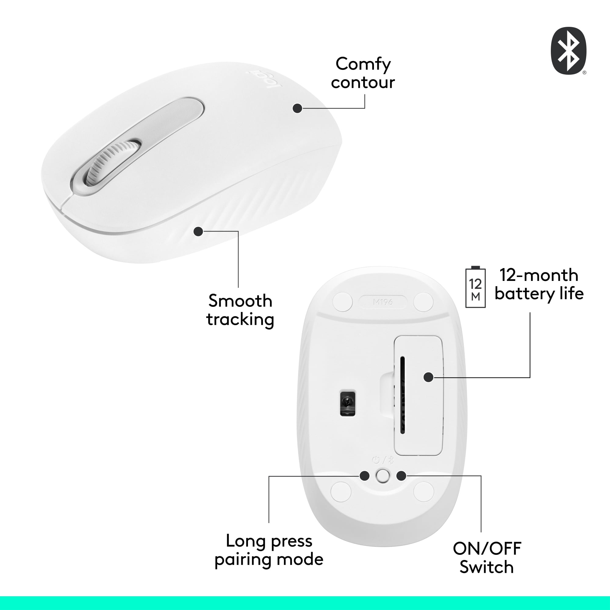 Logitech M196 Bluetooth Wireless Mouse, Compact and Portable Mouse for Laptops, Tablets and More, Off-white