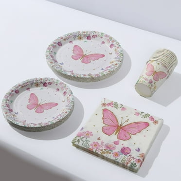 BalsaCircle 96 White Pink Butterfly Print Paper Tableware Party Supplies Set Events Decorations Supplies