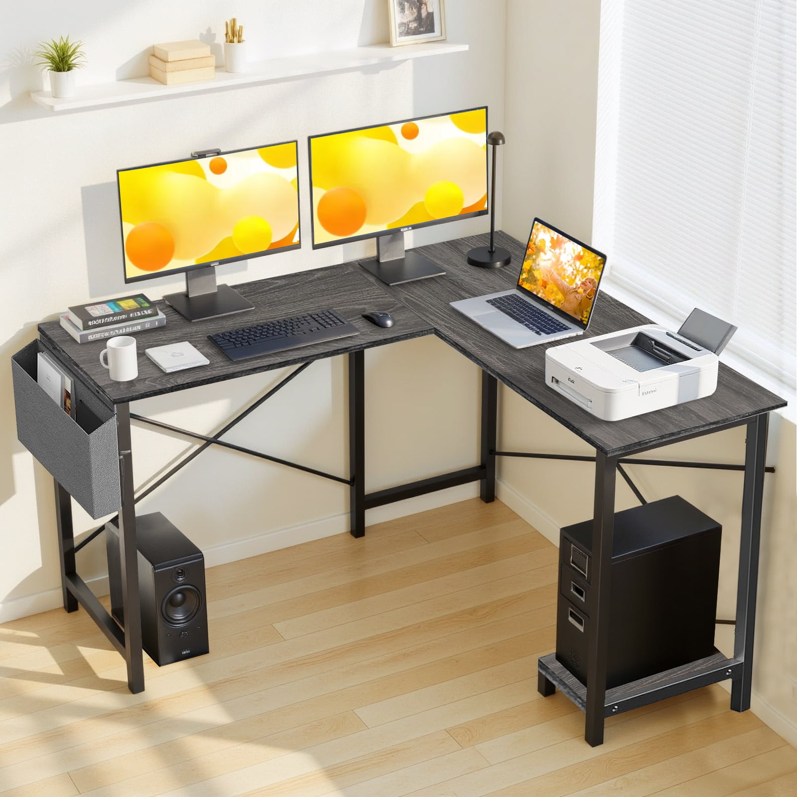 L Shaped Gaming Desk, 50 Inch Reversible Corner PC Work Table for Writing Study, Wood Tabletop and Metal Frame, CPU Stand Side Bag for Home Office Small Space, Gray