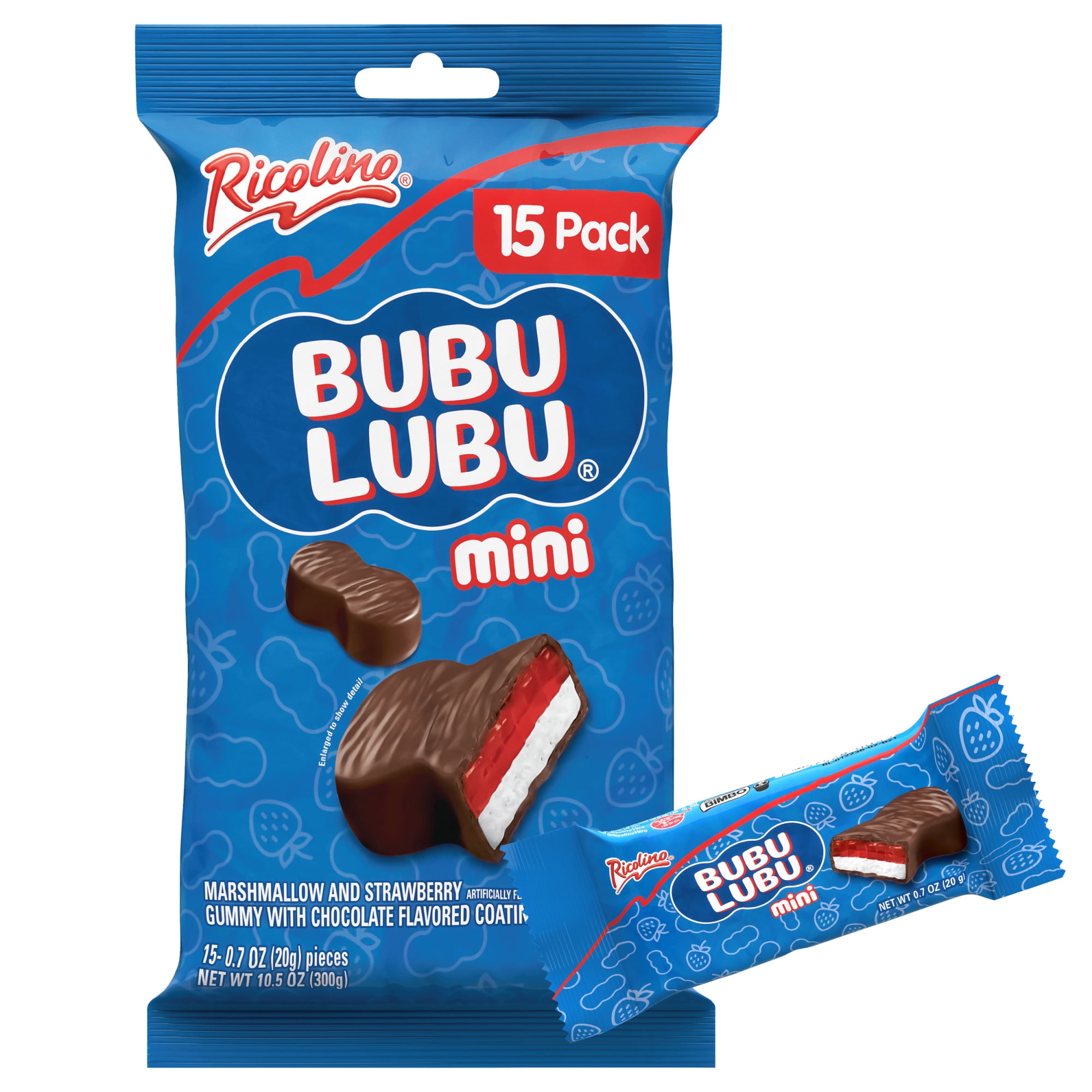 (5 pack) Ricolino Bubulubu Mini Chocolate Strawberry Gummy and Marshmallow Candy, 15 Count Bag