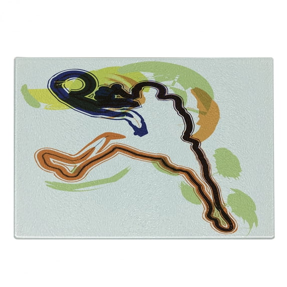 Basketball Cutting Board, Man Playing Basketball Illustration Champion Victory Passion Sketch, Decorative Tempered Glass Cutting and Serving Board, Small Size, Orange Black Lime Green, by Ambesonne