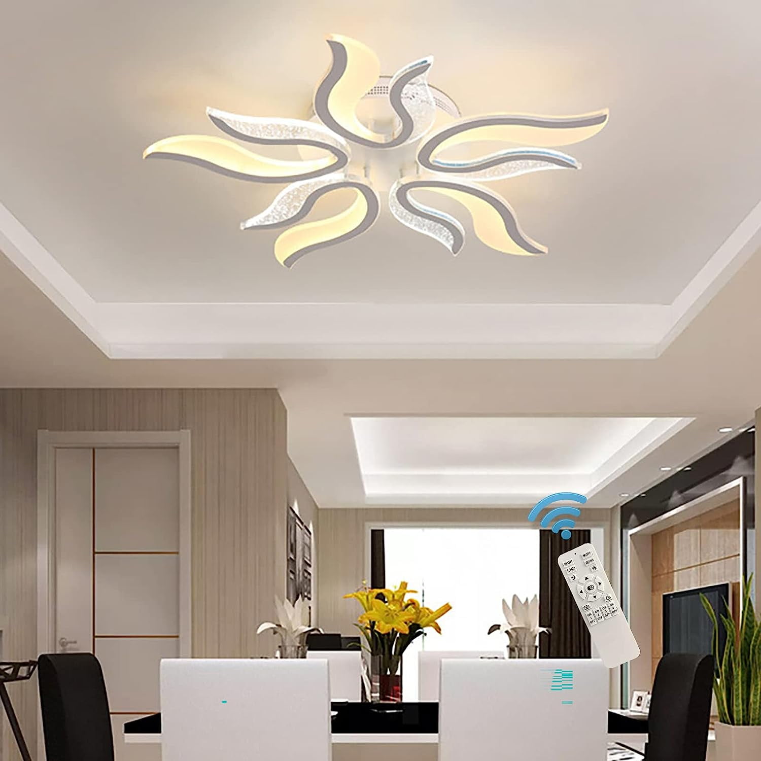Garwarm LED Ceiling Light Dimmable 50W Modern Ceiling Lamps with Remote,Flame Shape LED Chandelier Light Fixture for Living Dining Room Bedroom Kitchen,3 Color/3000-6500K