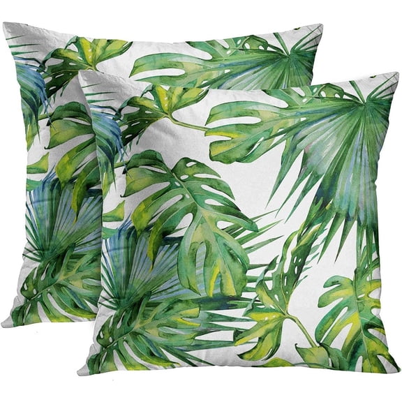 Set of 2 Throw Pillow Covers Tropical Watercolor Artistic Modern Green Palm Leaf Decorative Pillow Cases Home Decor Standard Square 18x18 Inches Summer White Pillowcases