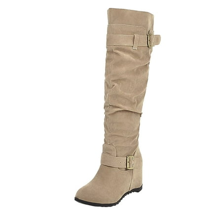 eileial Women s Middle Mid Calf Boots Winter Elegant High Tube Flat Heels Shoes(Beige 6.5)