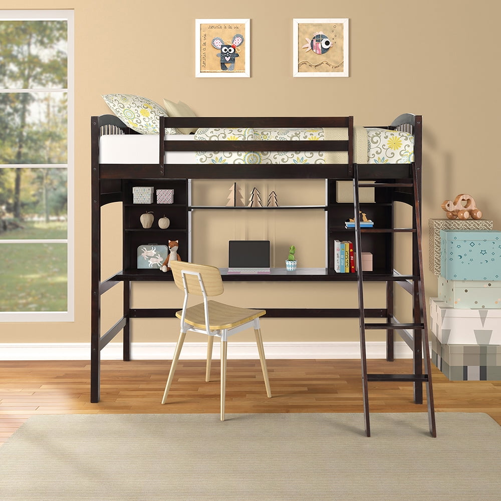 Loft Beds with Storage Bookshelfs and Desk, Loft Bed for Kids Teens, Espresso Loft Beds with Storage Bookshelfs and Desk, Loft Bed for Kids Teens, Espresso