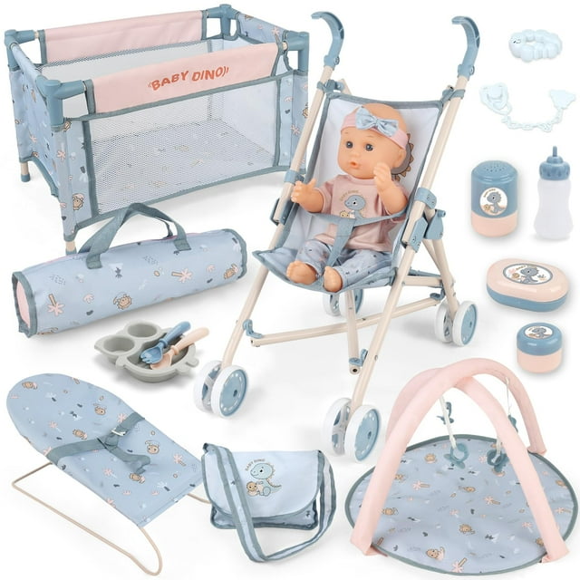 Set de muñecas DeAo KB85802 con cochecito, cuna y accesorios